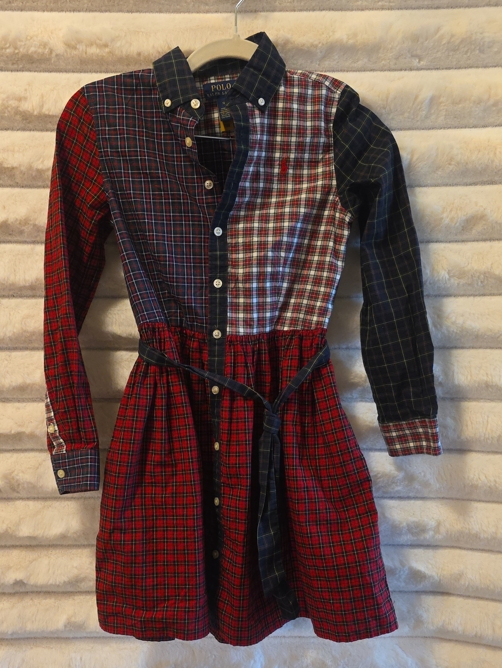 Polo by Ralph Lauren Red, Navy & Green Patchwork Plaid Shirt Dress Girls Size 10